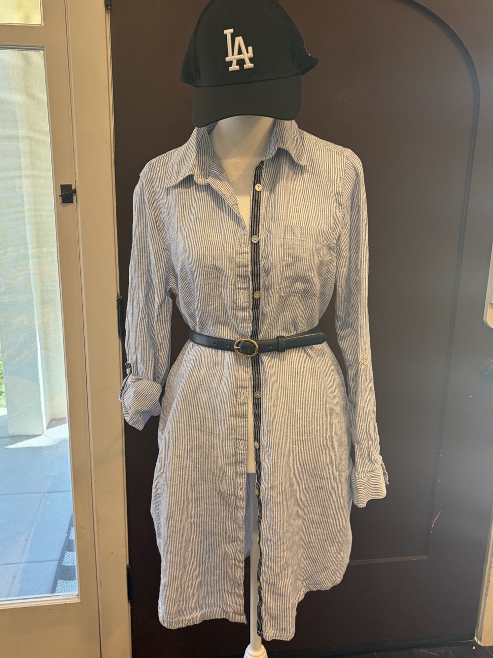 C&C California Blue & White Striped 100% Linen Shirt Dress | Medium